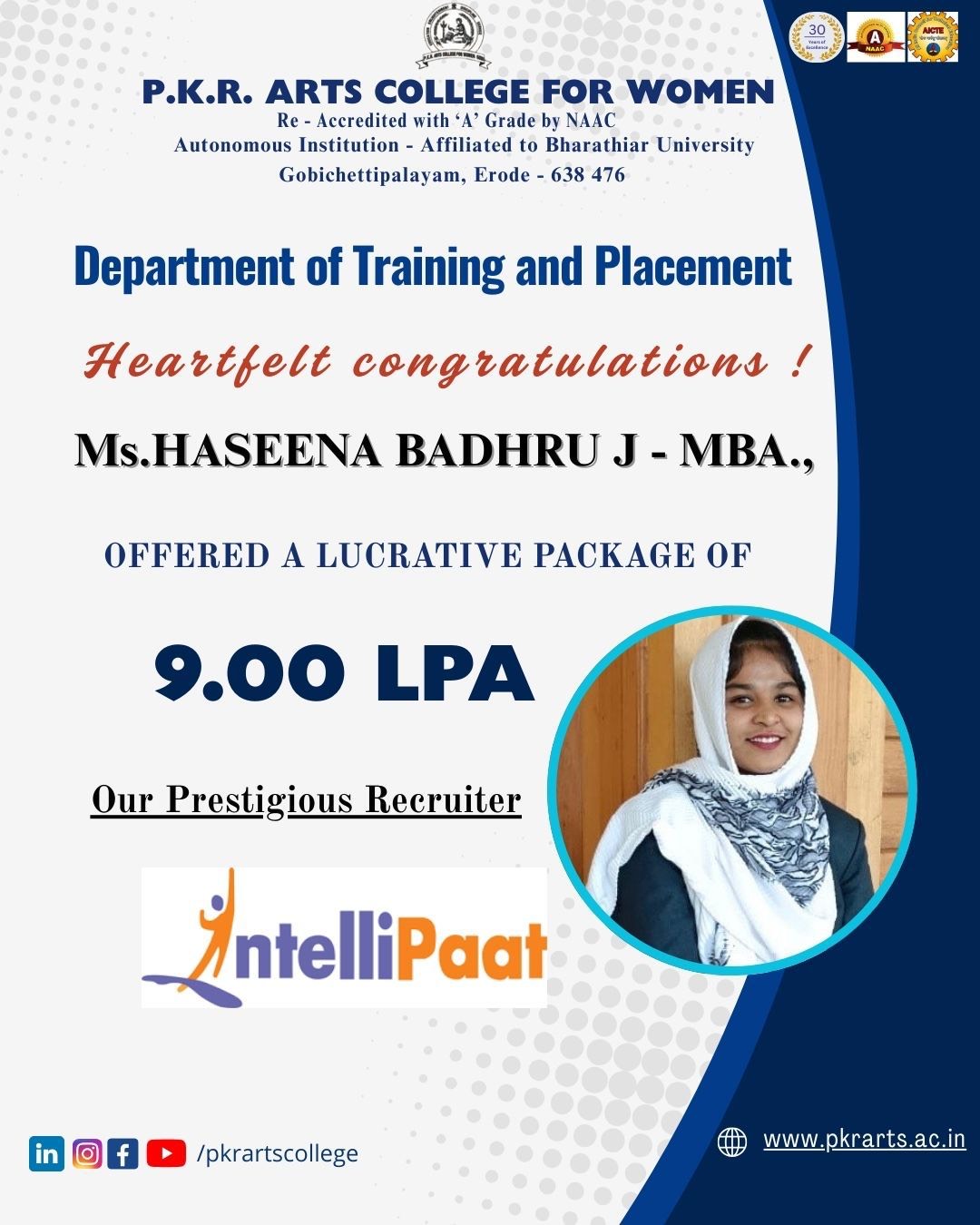 Hearty Congratulations to Ms.Haseena Badhru for placed with 9  LPA 